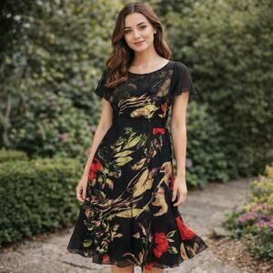 Traffic People Women’s 100% Silk Dark Romantic Cape Midi Dress Size M Fairy